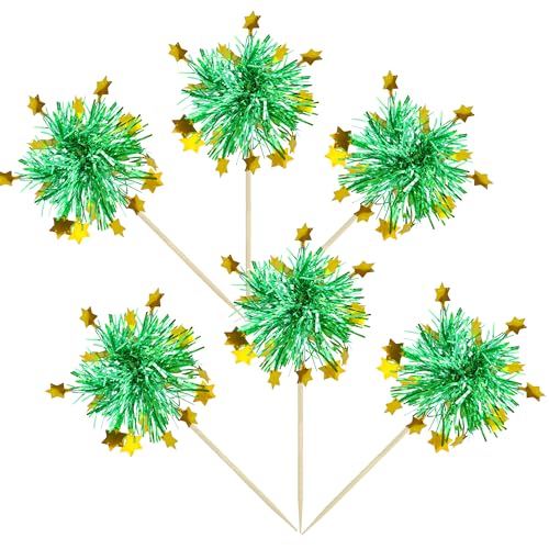 30Pcs Foil Firework Cupcake Toppers Happy Birthday Cake Toppers Tinsel Flower Drink Stirrers Cocktail Food Fruit Toothpicks for Valentine's Day Party Decorations Green (30 Count)