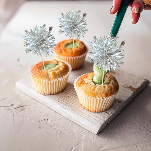 30Pcs Foil Firework Cupcake Toppers Party Birthday Cake Toppers Supplies Sparkle Tinsel Cocktail Fruit Toothpick for Birthday Wedding Graduation Party Silver (30 Count)