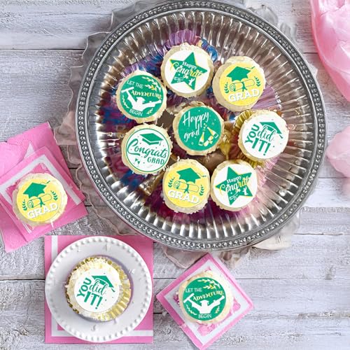 48Pcs 2026 Graduation Cupcake Toppers Wafer Paper Class of 2026 Cake Decorations Edible Congrats Grad Cupcake Picks for 2026 Graduation Theme Party Cake Supplies Green Gold (48 Count)