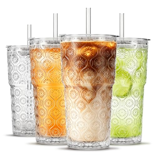 20oz Begonia Flower Glass Tumbler with Bamboo Lid and Straw