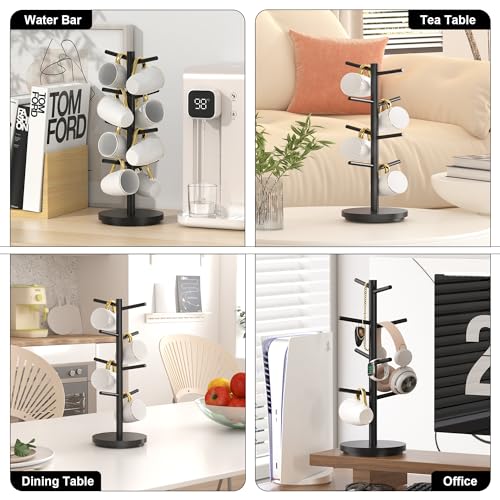 Coffee Mug Holder Tree Upgraded 360Rotated Cup Holder for Counter Black Wood Cup Tree Mug Rack Organizer Stand with 8 Hooks for Kitchen Coffee Bar Accessories