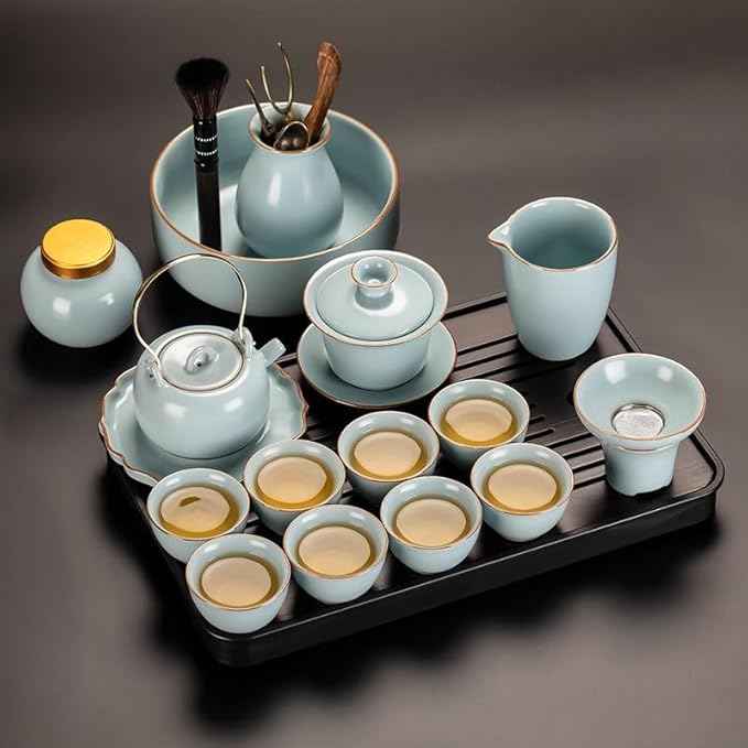 Sky Blue Ru Kiln Gongfu Tea Set, Ceramic Teapot and Gaiwan-suit2