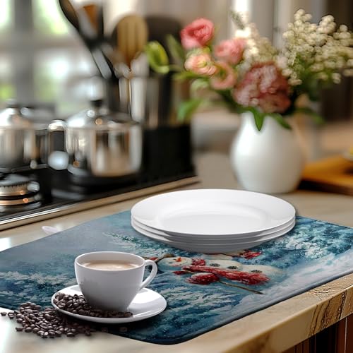 Winter Blue Snowman Dish Drying Mat Christmas Pine Tree Large Kitchen Mats Dish Drying Pad Xmas Absorbent Dish Dryer Mat for Kitchen Countertops Microfiber Drainer Pad Dish Drying Mats