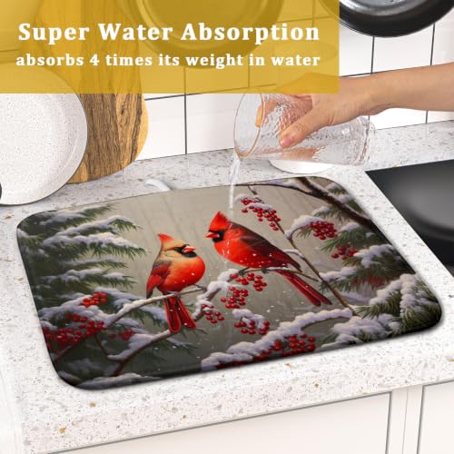 Winter Red Cardinal Bird Dish Drying Mat for Kitchen Counter