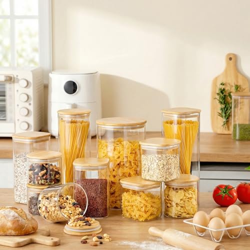 Square Glass Storage Containers with Bamboo Lids for Pasta & Flour (5 Count)