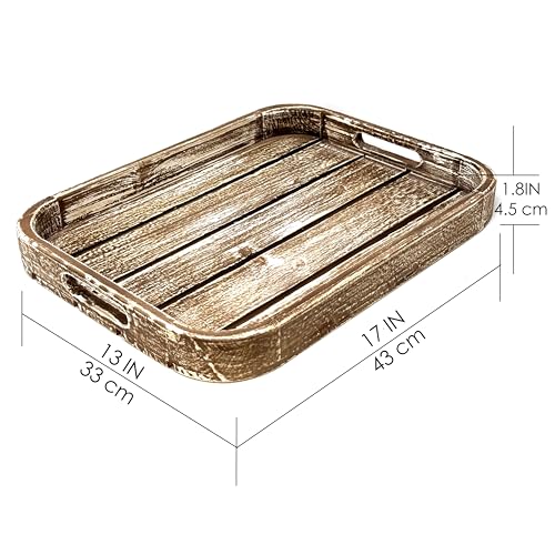 Wooden Tray 17""x13""x2"" Washed Tan Color Rounded Rectangle Stylish Rustic Farmhouse Decor Serving Platter