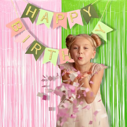 Party Streamers Backdrop Pink and Green Party Decorations 2 Pack (2 Count)