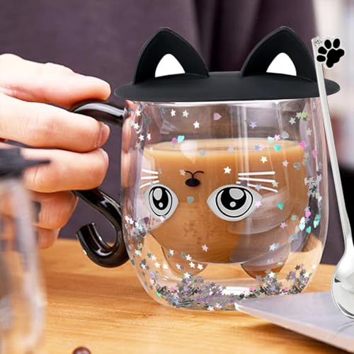Glittery Black Cat Double Walled Glass Coffee Latte Cup