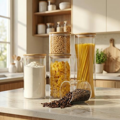 Round Glass Storage Containers with Bamboo Lids for Pasta & Flour (5 Count)