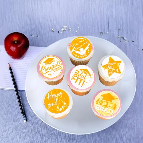 48Pcs 2026 Graduation Cupcake Toppers Wafer Paper Class of 2026 Cake Decorations Edible Congrats Grad Cupcake Picks for 2026 Graduation Theme Party Cake Supplies Gold Orange (48 Count)