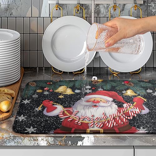 Christmas Santa Claus Dish Drying Mat Winter Drying Dish Mat for Kitchen Countertops Xmas Dish Dryer Mat Microfiber Dishes Drainer Pad Dish Drying Pad