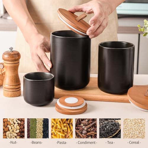 Black Ceramic Canister Set with Bamboo Lids