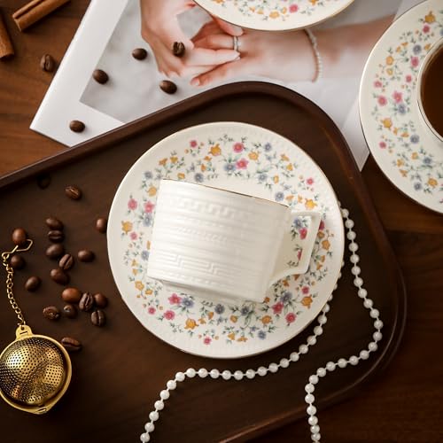 Country Roses Porcelain Tea Cup and Saucer Set with Gold Trim