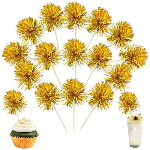 30Pcs Foil Firework Cupcake Toppers Sparkles Fireworks Sticks Birthday Decorations Sparkle Tinsel Cocktail Fruit Toothpick for Birthday Wedding Graduation Party Cake Decorations Gold (30 Count)
