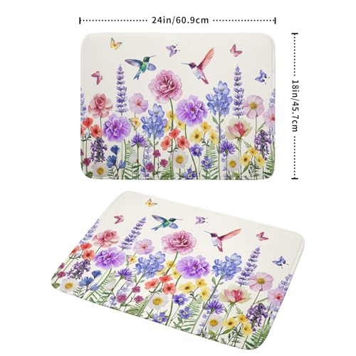 Hummingbird Flower Dish Drying Mat 18x24 inch Watercolor Spring Herb Floral Dish Drainer Mats Wildflower Plant Reversible Microfiber Dish Drying Pad for Kitchen Countertop Large Decor
