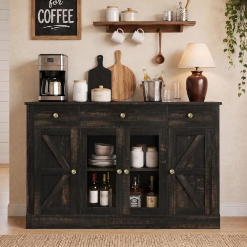55" Large Coffee Bar Cabinet with 4 Doors and 3 Drawers