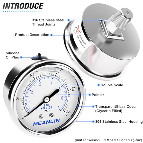 0~100Psi Liquid Filled Pressure Gauge Stainless Steel with 316 Stainless Steel Joint 1