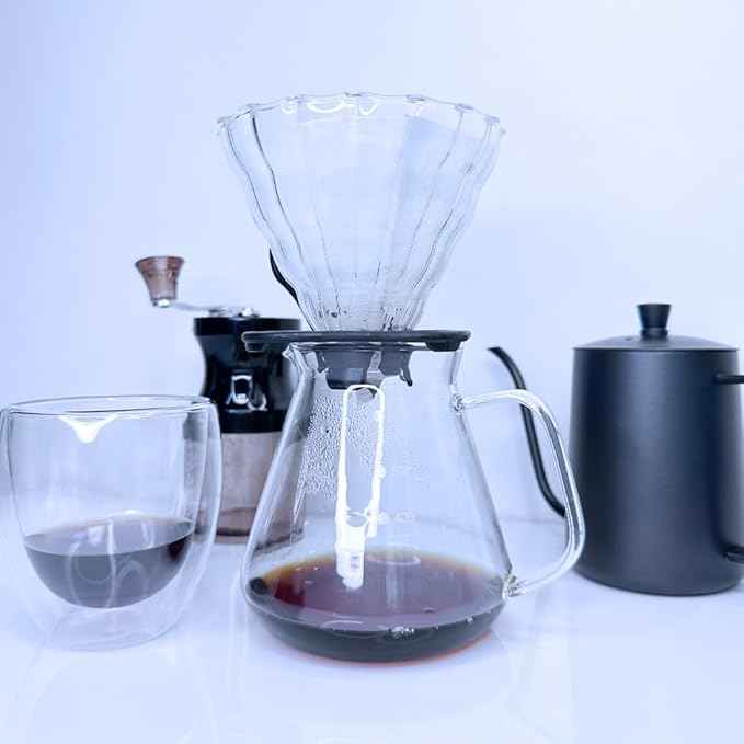 DS&DV Coffee Set Incl. Coffee Scale Glass Driper,Manual Grinter,Pour Over Kettle,Paper Filters,Double Wall Mug for Camping and Travelling (8 in 1 Coffee Makers)
