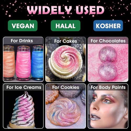 Edible Food Grade Glitter Powder Glimmer Luster Dust Metallic Fancy Food Decorating Sprinkle Glimmery Dust for Drink Wine Beverage Cake Bakery Vegan Allergen