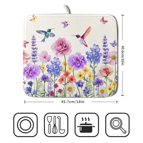 Hummingbird Flower Dish Drying Mat 16x18 inch Watercolor Spring Herb Floral Dish Drainer Mats Wildflower Plant Reversible Microfiber Dish Drying Pad for Kitchen Countertop Small Decor