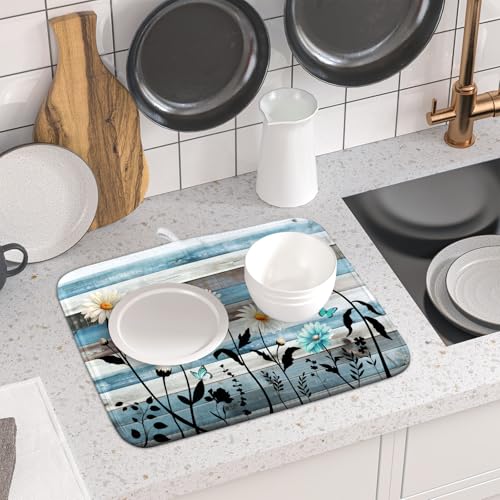 Blue White Daisy Floral Dish Drying Mat for Kitchen Counter