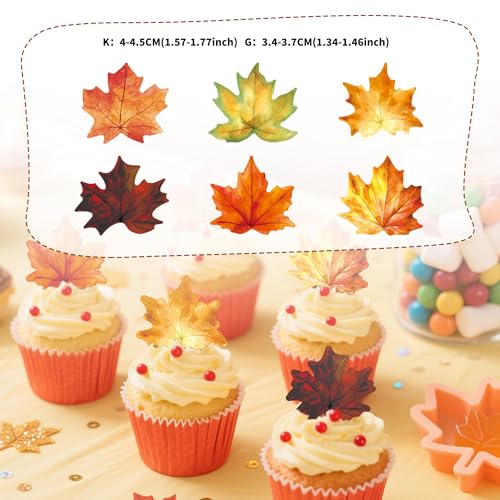72 Pcs Edible Fall Leaves Cupcake Toppers Wafer Paper Autumn Maple Leaf Cupcake Topper Thanksgiving Theme Cake Picks Birthday Baby Shower Party Decorations
