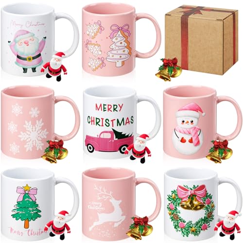 8 Pieces 12 oz Christmas Winter Coffee Mugs Gifts Set with Handle Ceramic Matching Cups for Staff Home School Office Table Centerpieces Housewarming Holiday Party (8 Count)