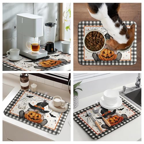 Halloween Gnomes Dish Drying Mat Bats Pumpkins Large Kitchen Mats Dish Drying Pad Buffalo Plaid Absorbent Dish Dryer Mat for Kitchen Countertops Microfiber Drainer Pad Dish Drying Mats