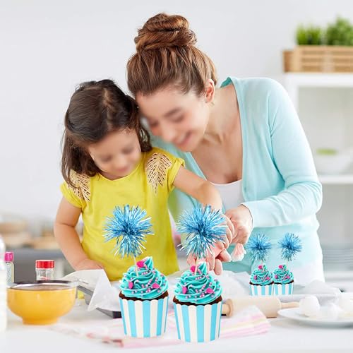 30Pcs Foil Firework Cupcake Toppers Sparkle Tinsel Cupcake Picks Happy Birthday Cake Toppers Drink Stirrers Cocktail Food Toothpicks for Baby Shower Birthday Party Supplies Lake Blue (30 Count)