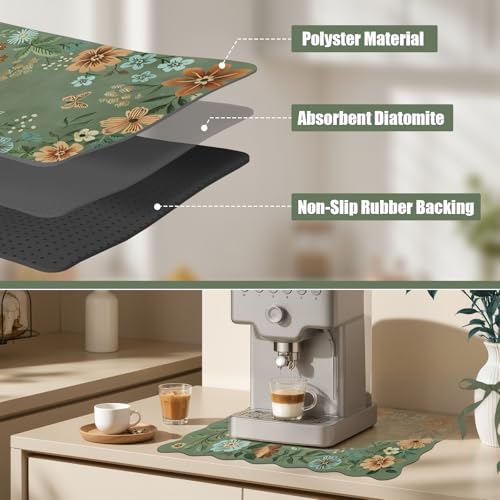 Scalloped Bohemian Boho Floral Flower Coffee Bar Mat Dish Drying Mats for Kitchen Counter