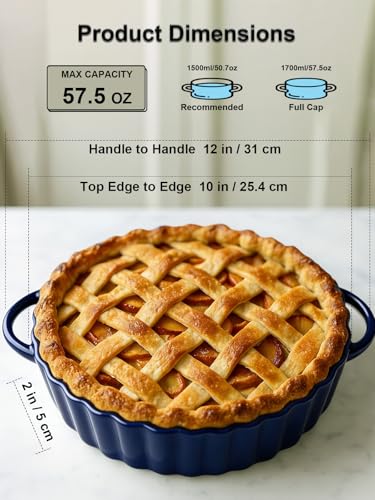 10×2in Deep Ceramic Pie Pan with Handles for Pie Quiche Tart Baking. Easy to grip