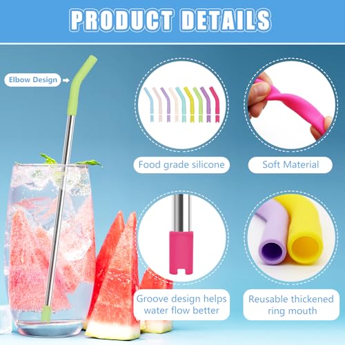 18 Pcs 8mm 10mm Silicone Straw Tips with Bottom Sleeve Reusable Food Grade Rubber Straw Tips for Metal Glass Straws Replaceable Flex Toppers Elbow Covers for 8 (9 Count)