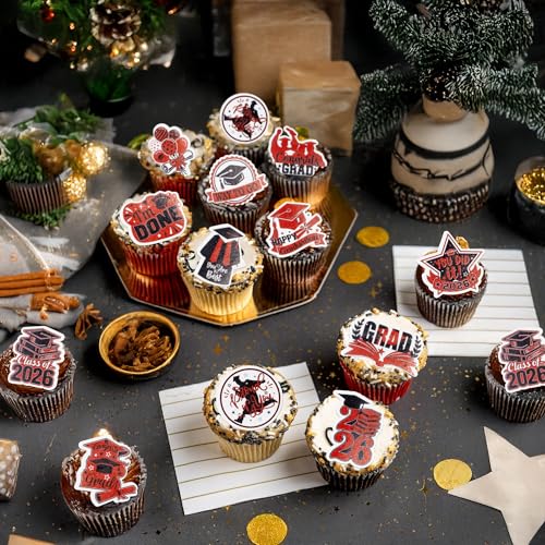 48Pcs Edible Graduation Cap 2026 Cupcake Toppers Wafer Paper Grad Cap Diploma Cake Decoration Picks for 2026 Grad Theme Party Cake Decor Supplies Black Red (48 Count)