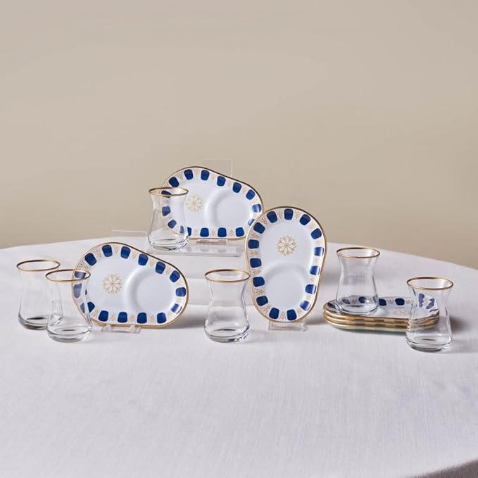 KARACA Belem Turkish Tea Glasses Set, 12-Piece Tea Set for 6 People, Tea Glasses with Gold Rim and Navy Blue Accents