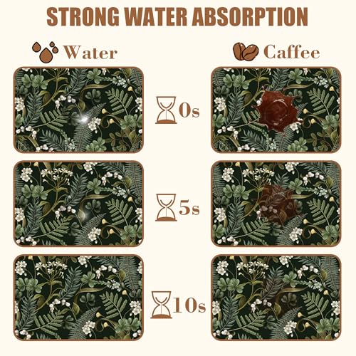White Flowers and Berries Coffee Mat Fern and Leaves Dish Drying Mat Absorbent Hide Stain Rubber Backed Coffee Bar Accessories Fit Under Espresso Machine Cafe Table