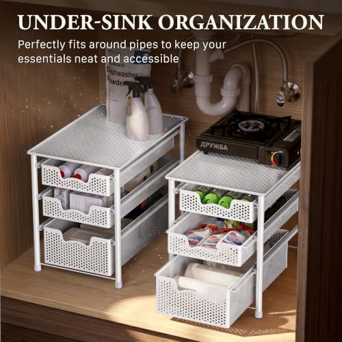 3 Tier White Alloy Steel Sliding Basket Organizer Drawer Cabinet