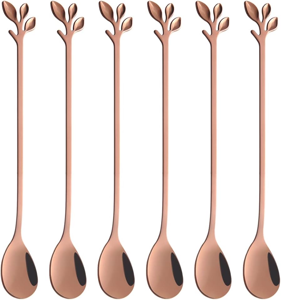 AnSaw 6-Piece Elegant Rose Gold Leaf Long Handle Teaspoons - 7.4