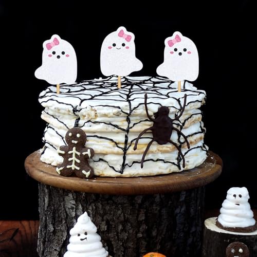 48Pcs Halloween Cupcake Toppers Pink Bow Ghost Cupcake Picks Cute Ghost Cake Decorations for Halloween Birthday Party Supplies (48 Count)