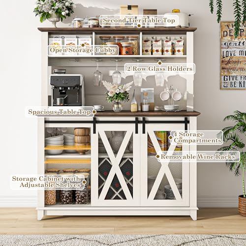 47" Wide 56" H Farmhouse Coffee Bar Cabinet with Power Outlet and LED Light