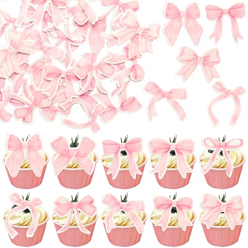 50Pcs Edible Pink Bowknot Cupcake Toppers Wafer Paper Bowknot Cake Dessert Picks Drink Topper Baby Shower Princess Cupcake Toppers for Birthday Party Decoration Supplies (50 Count)
