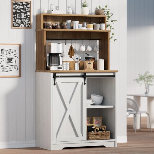 Farmhouse Coffee Station with 3 Tier Storage Hutch & 6 Hooks