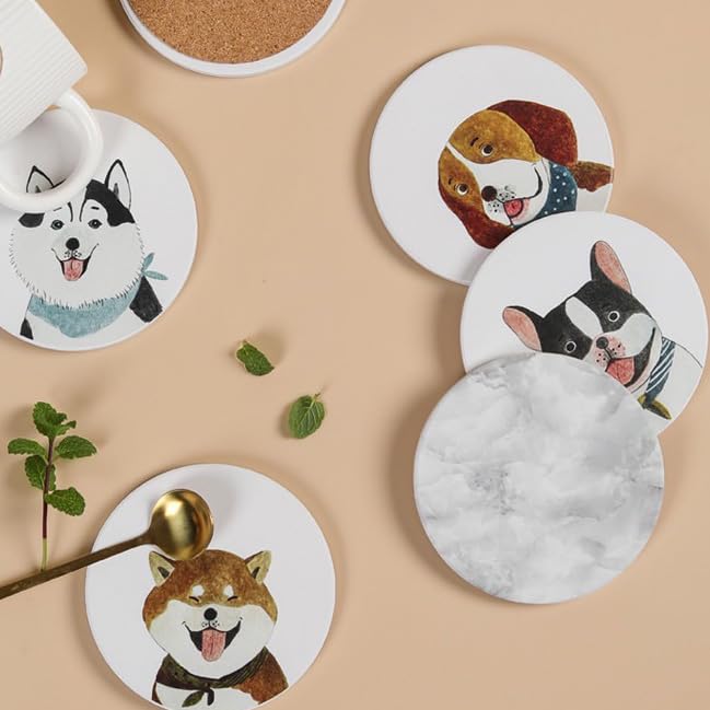 Cute Coasters for Desk Dog Themed Absorbent Ceramic Cup Coasters for Tabletop Protection