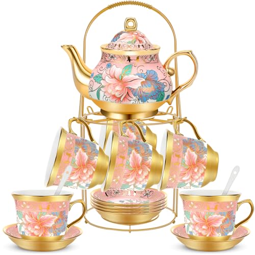 20 Pcs Adult Tea Party Set Porcelain with Metal Holder