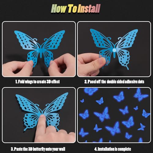 Glow in The Dark 3D Butterfly 24 Pcs Blue Butterfly Stickers (24 Count)