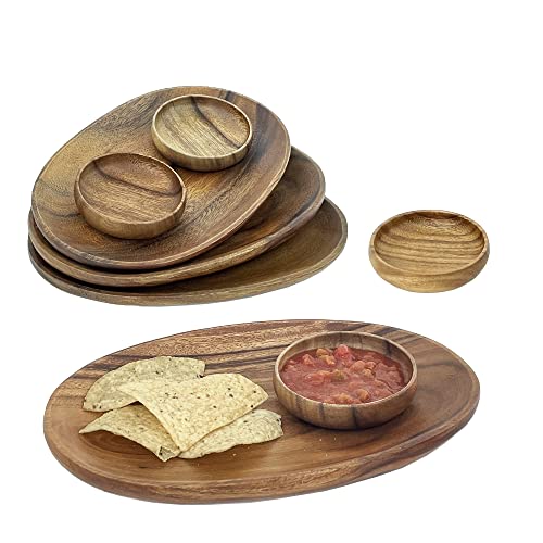 Woodard & Charles Acacia Wood 12" Oval Tray with Dip Bowls