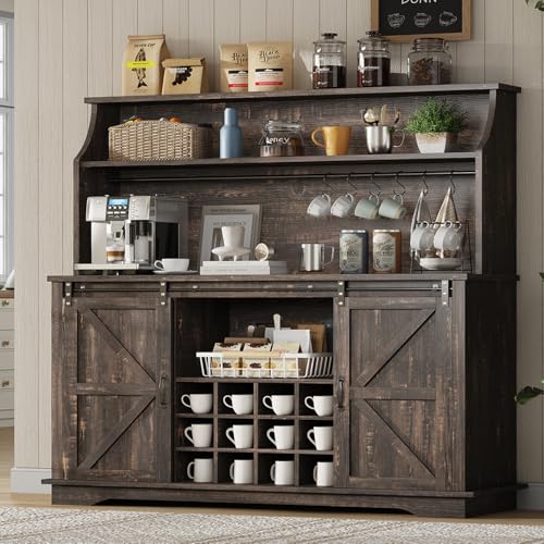 55" Farmhouse Coffee Bar Cabinet with 3 Tier Storage Hutch
