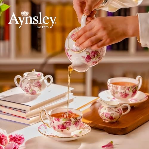 Fine Bone China Elizabeth Rose Teapot and Set of 2 Teacups & Saucers