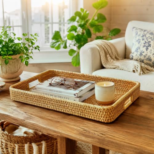 17 Inch Large Rectangular Rattan Serving Tray with Handles