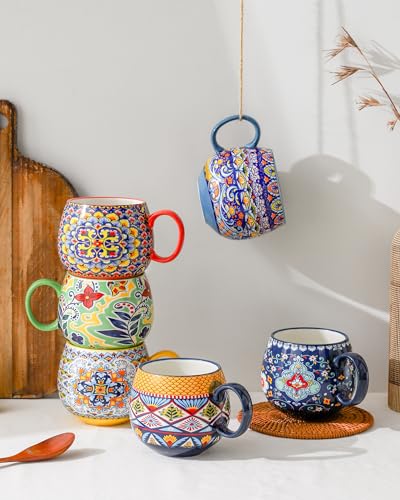 Large Boho Ceramic Coffee Mugs Set of 6