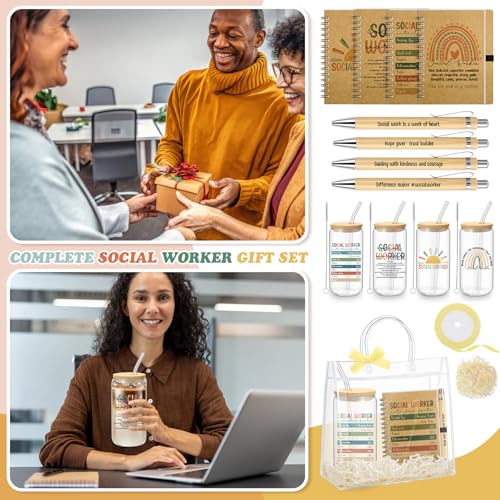 12 Pcs 4 Sets Social Worker Appreciation Week Gift Bulk Included 16oz Glass Coffee Cup with A6 Spiral Notebook Journal Pen for Graduation Gift for Bsw Msw Dsw Women Coworker Office Supplies (4 Count)